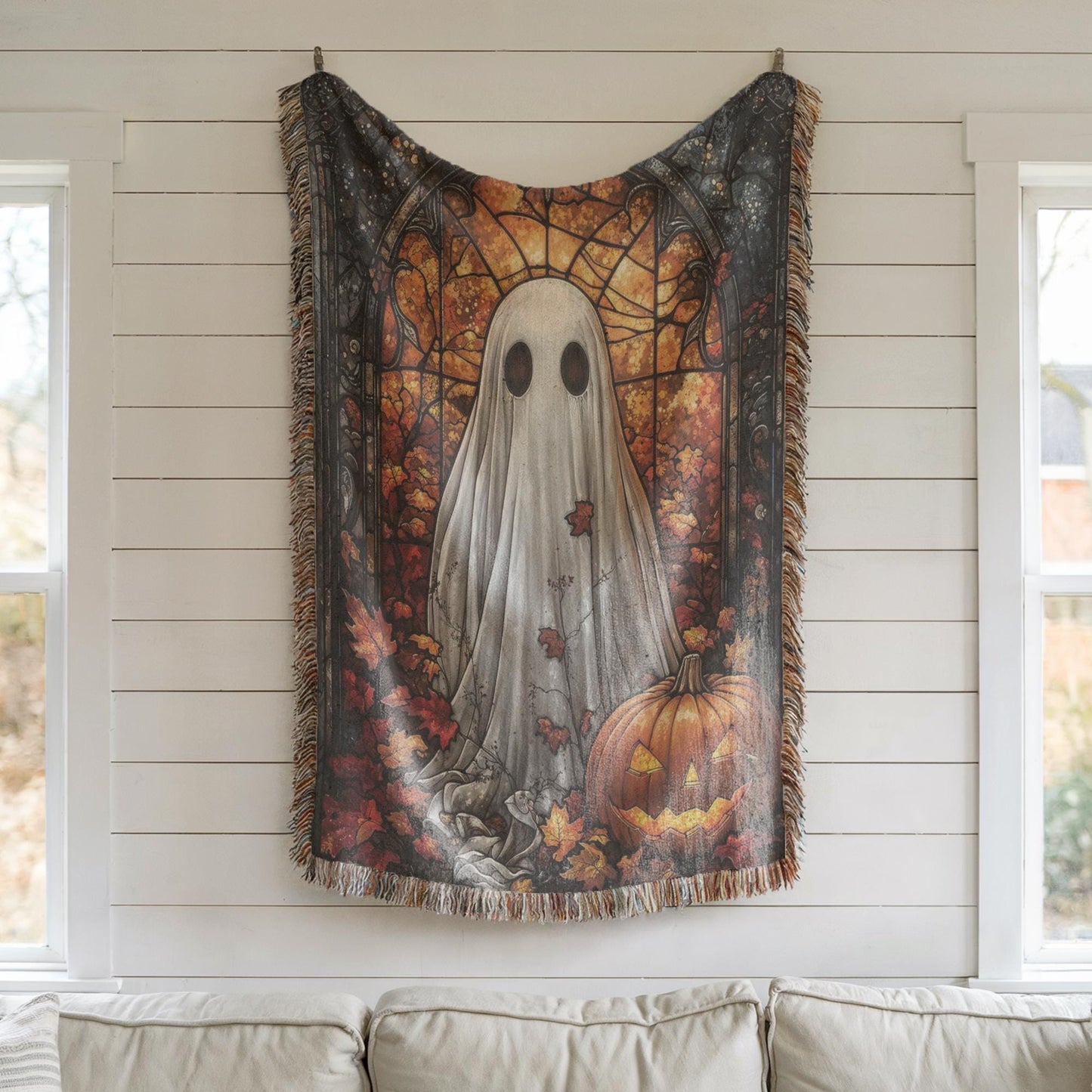 Halloween Ghost Tapestry - Stained Glass Pumpkin Wall Art | Cozy Cotton Throw