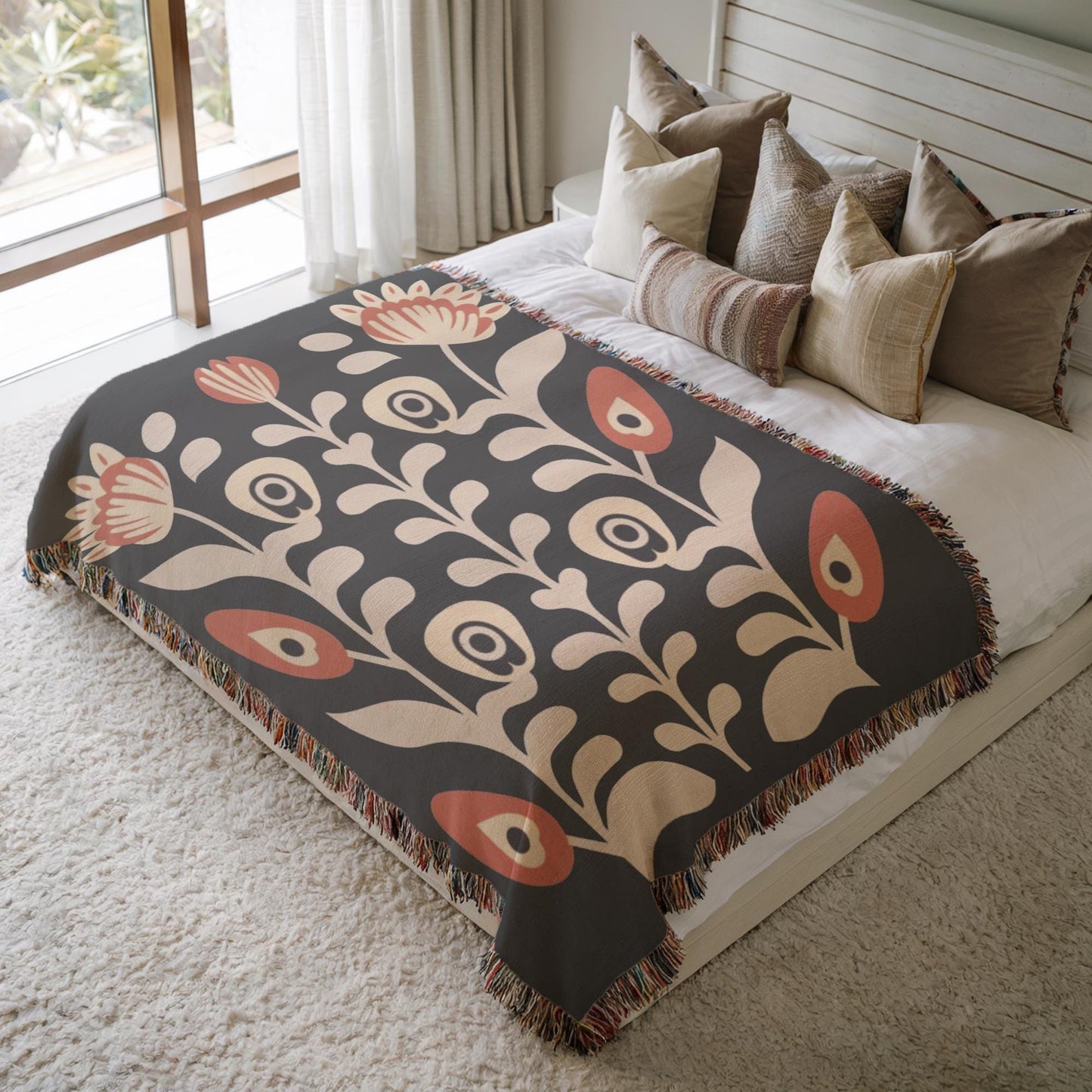 Boho Chic Blanket - Artistic Floral Cotton Woven Throw, Cozy Bedroom Accent & Housewarming Gift