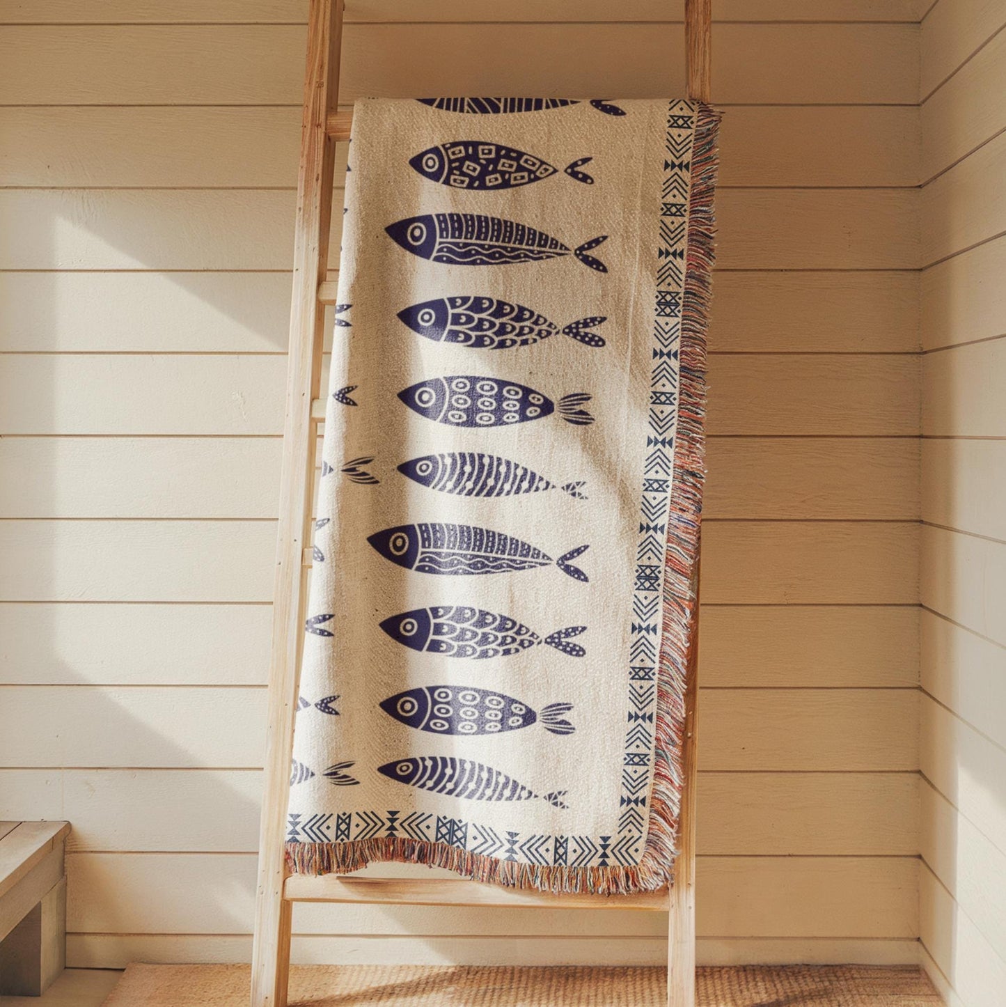 Sardine Blanket - Ethnic Fish Tapestry Woven Cotton Blanket for Coastal Home Decor