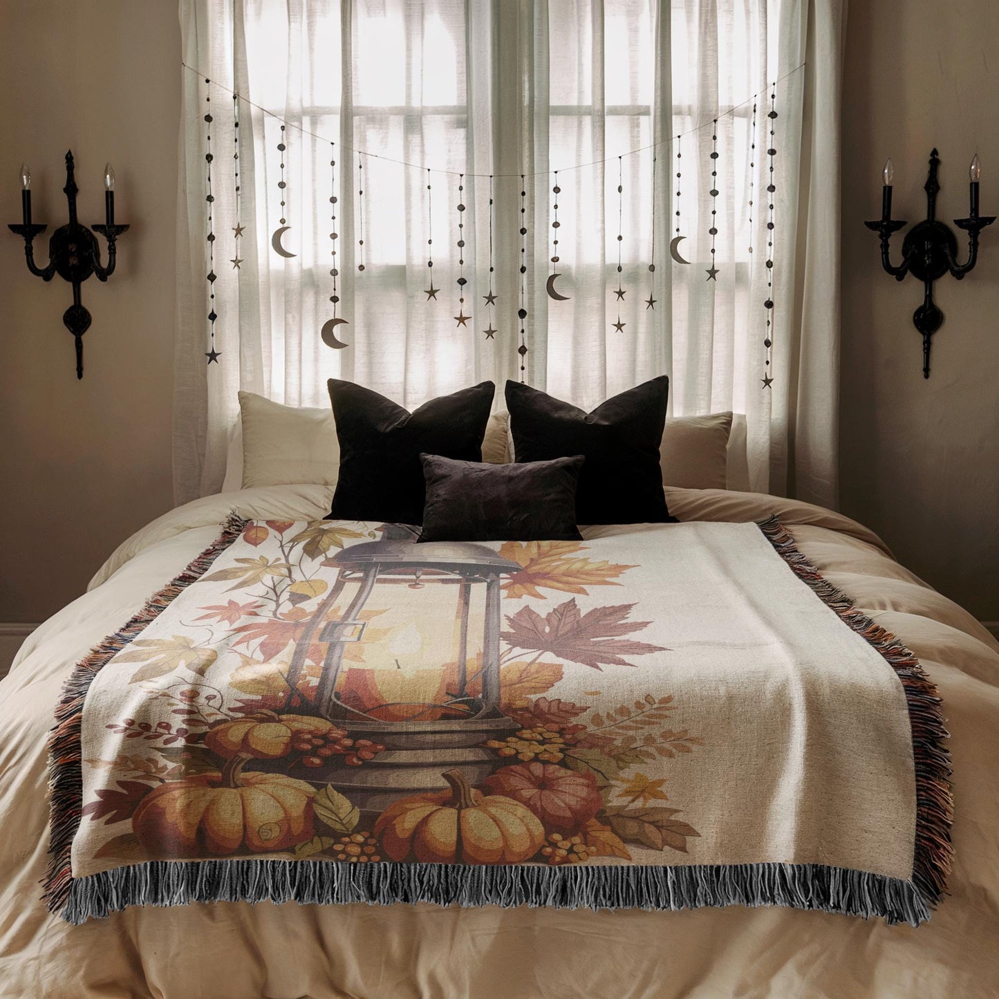 Woven Fall Blanket - Cozy Cotton Fringe Throw With Pumpkin Decor & Lantern Design