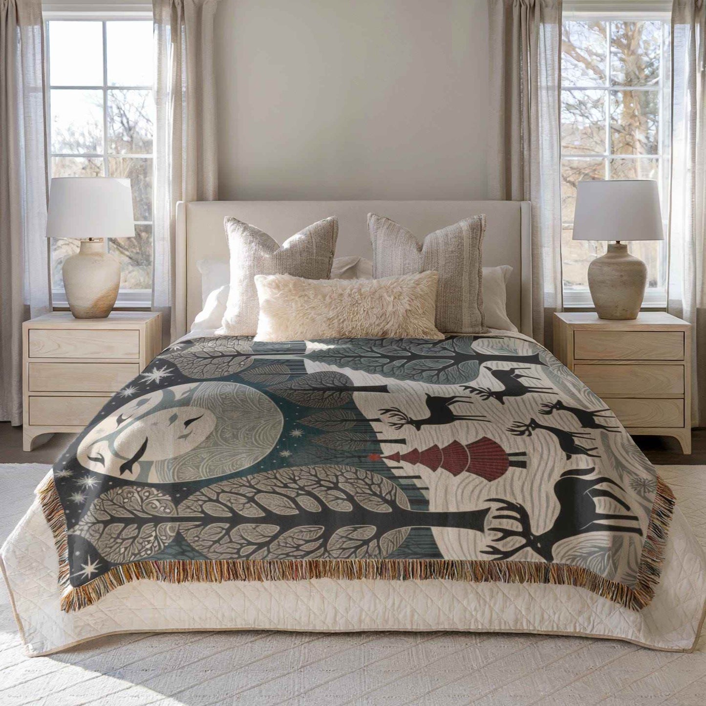 Christmas Bed Throw - Cozy Woven Cotton Blanket With Reindeer Gift - timelessbohochic.com