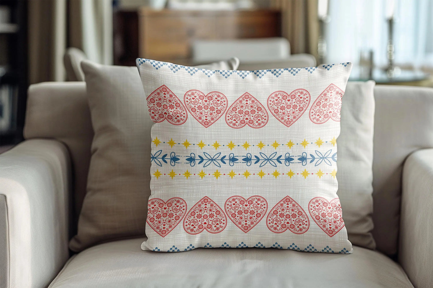 Scandi Woven Pillow – Nordic Decorative Cushion With Red Hearts & Yellow Stars