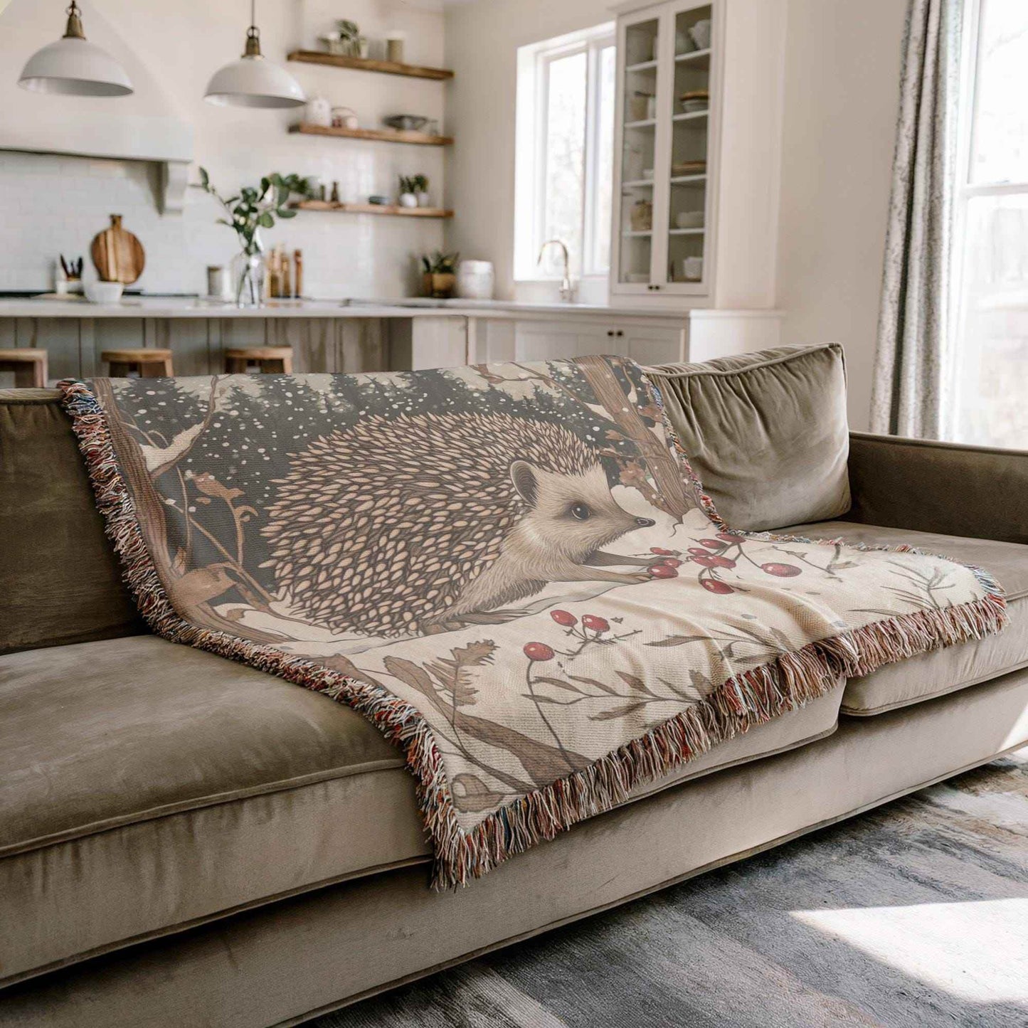 Woodland Creature Blanket - Cozy Cotton Woven Throw With Hedgehog Design - timelessbohochic.com