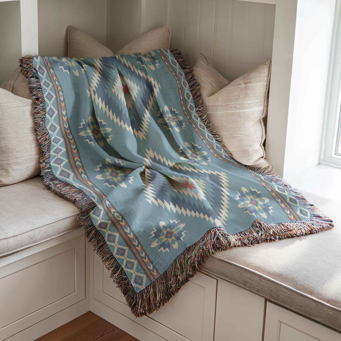 Southwestern Cotton Blanket - Navajo Design Throw With Fringed Edge Blanket - timelessbohochic.com