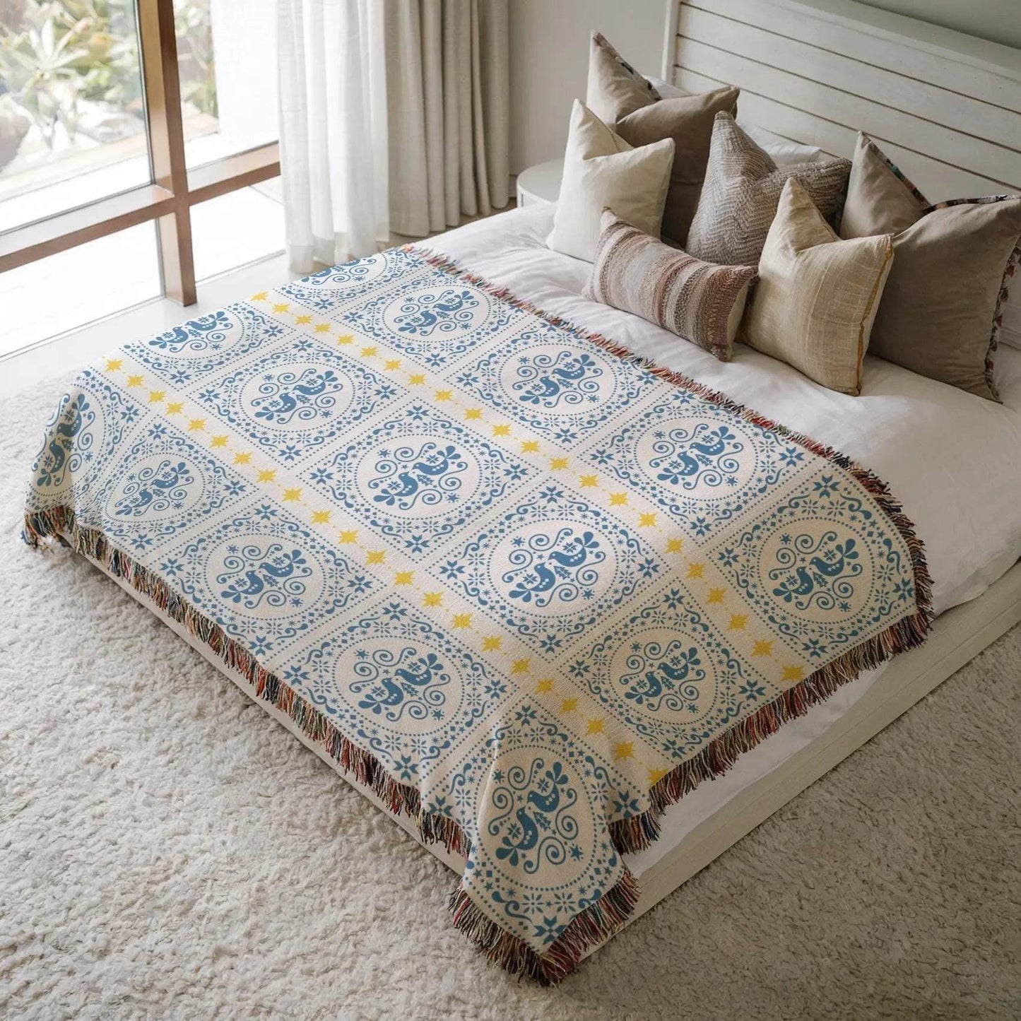 Cotton Woven Blanket | Scandinavian Throw With Colorful Fringed Edges - timelessbohochic.com