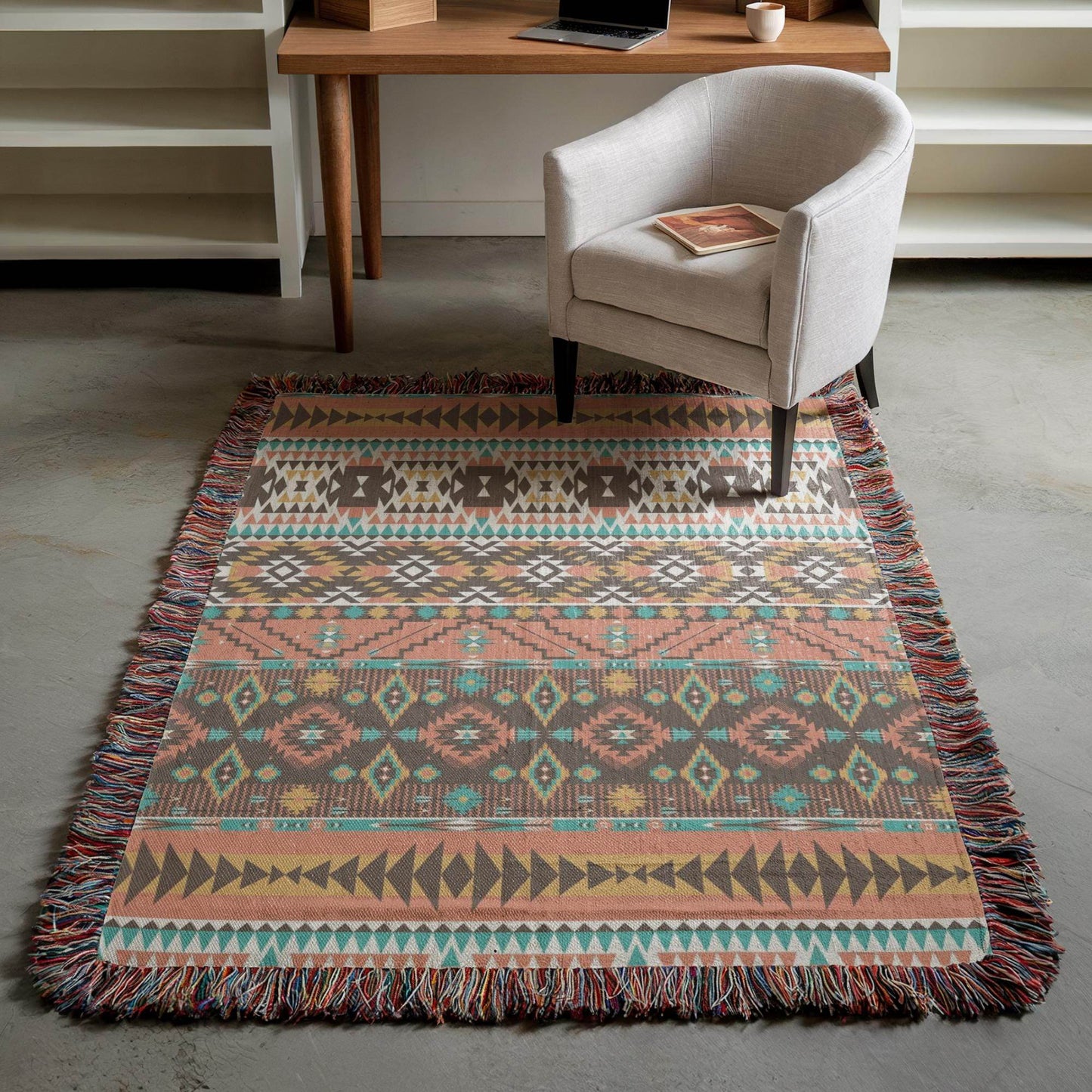 Navajo Pattern Chair Throw – Southwestern Decor Tribal Throw Blanket with Colorful Fringed Edges - timelessbohochic.com