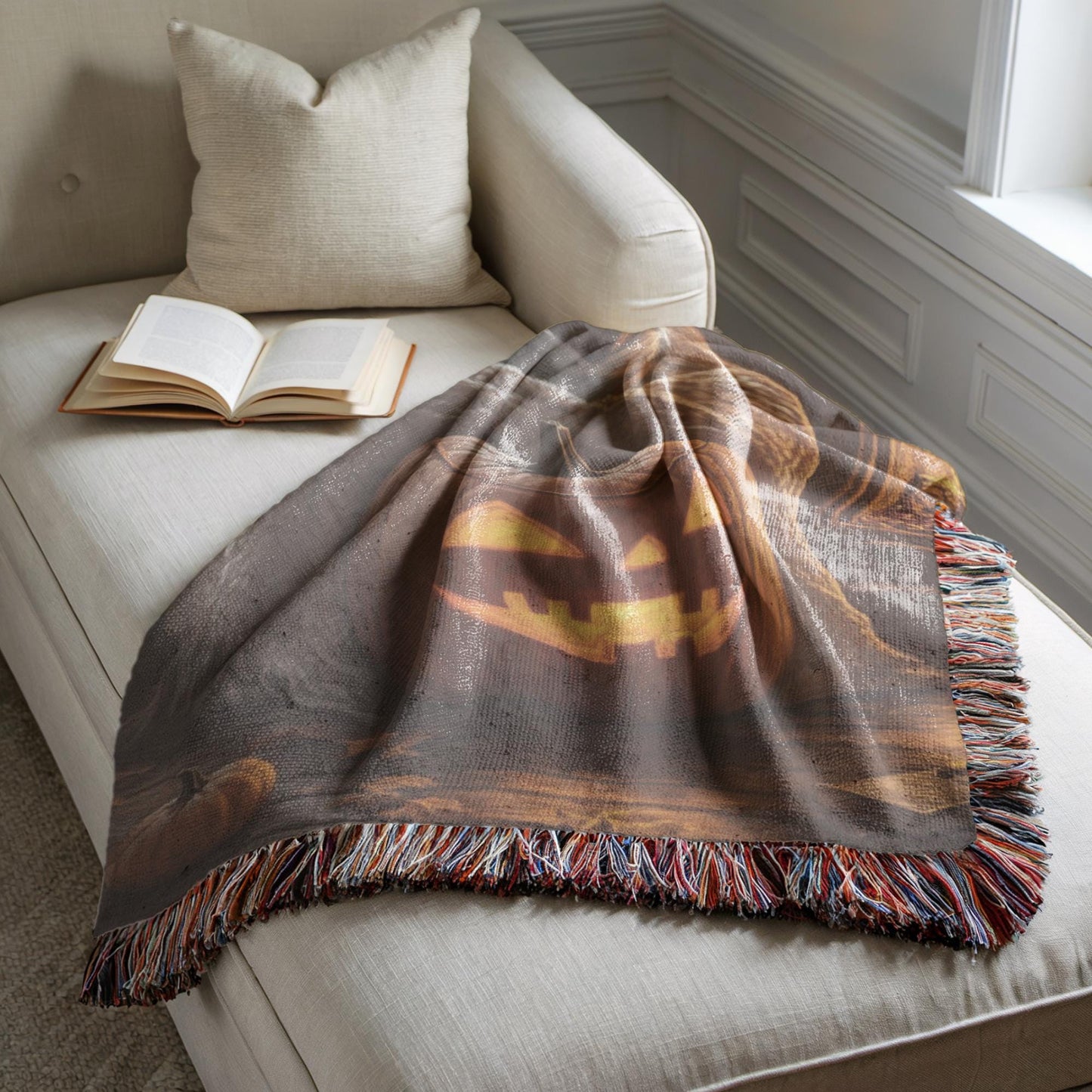 Halloween Living-Room Blanket – Cozy Fall Cotton Woven Throw with Black Cat Tapestry