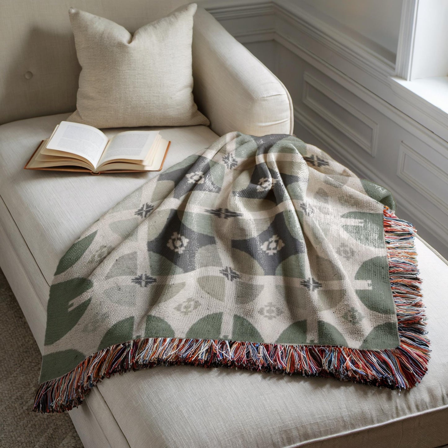 Woven Cotton Blanket – Sage Green Throw | Modern Home Decor, Geometric Design