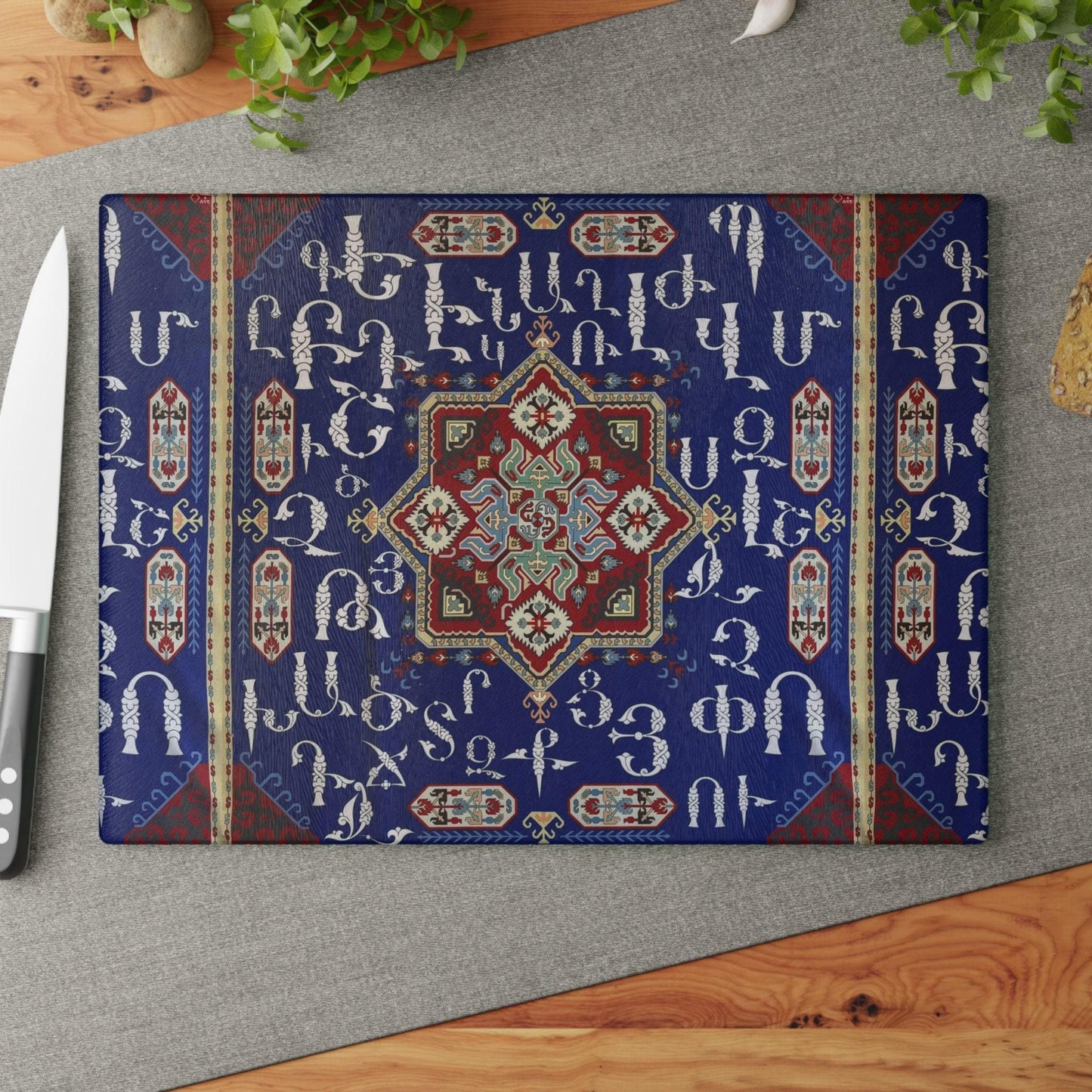 Armenian Glass Cutting Board – Blue White Alphabet Kitchen Decor | Tempered Glass, Non Slip