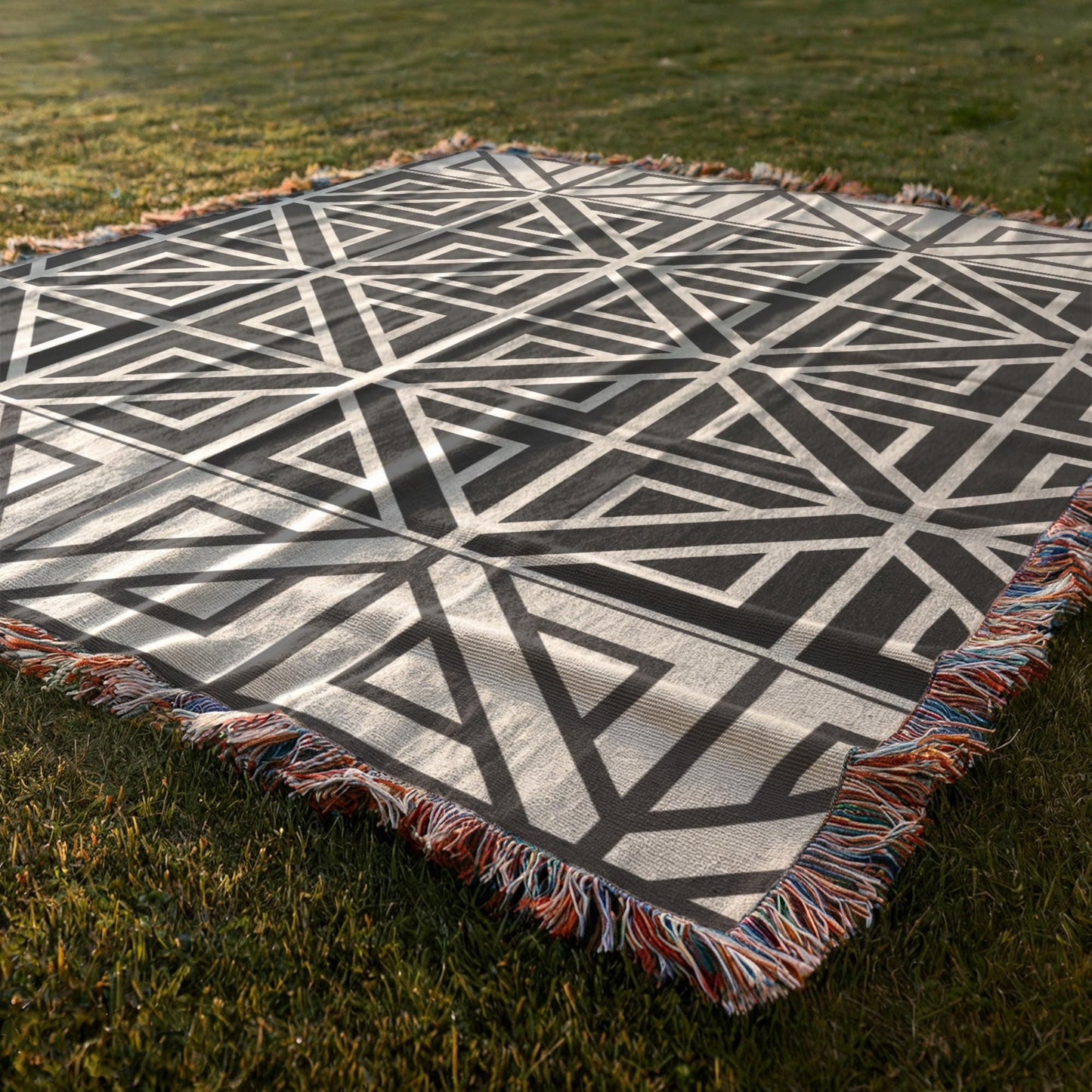 Woven Cotton Blanket - Modern Black White Geometric Pattern Throw With Fringed Edges