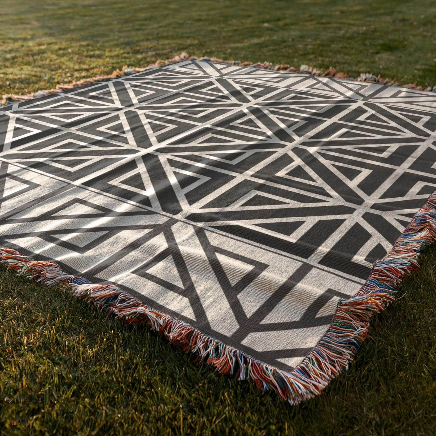 Woven Cotton Blanket - Modern Black White Geometric Pattern Throw With Fringed Edges - timelessbohochic.com