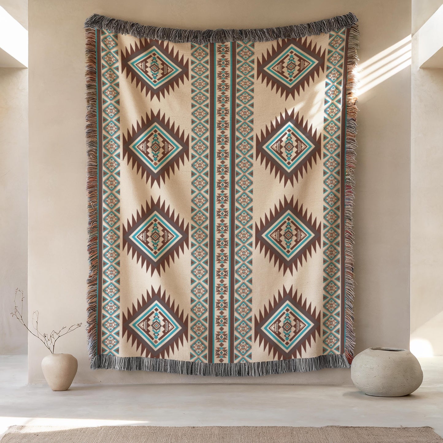 a large, colorful, patterned blanket hanging on a wall, with a beige wall and a small vase on either side of the blanket.