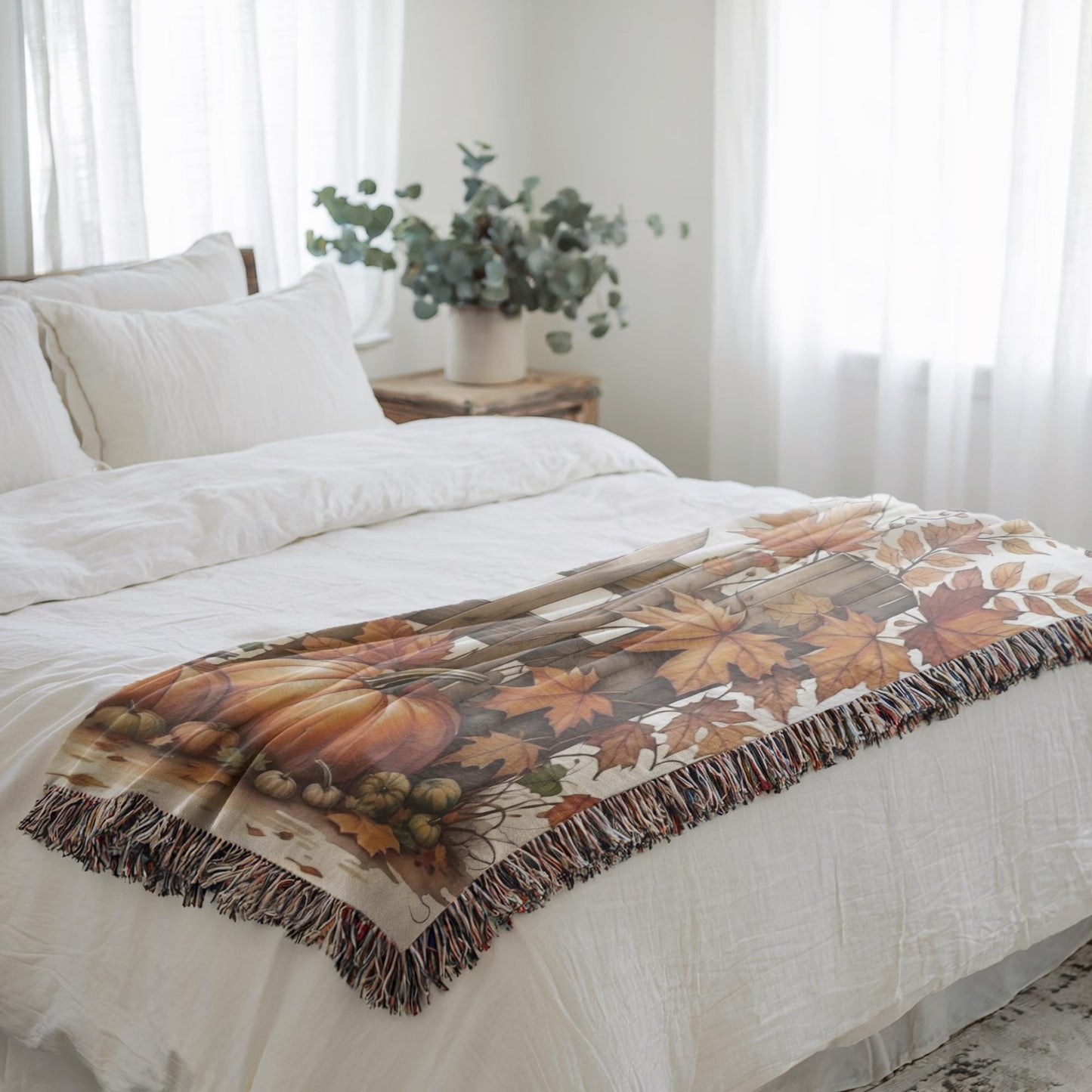 Thanksgiving Blanket, Farmhouse Design with Leaves Pumpkin and Picket Fence, Harvest Season Bedding, Fall Bed Cover, Gift for Dad Daddy Pop