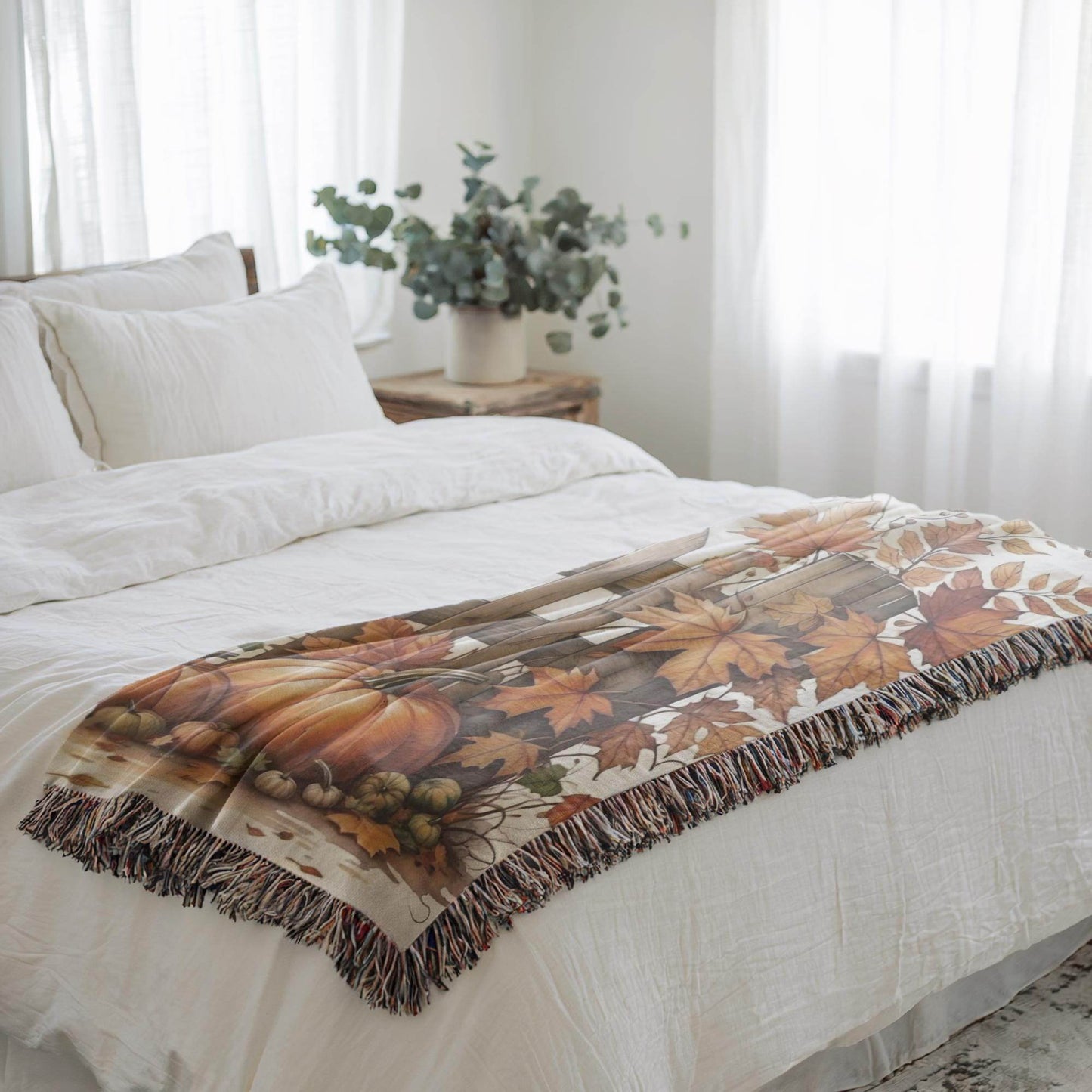 Thanksgiving Cotton Woven Blanket, Farmhouse Design with Leaves, Pumpkin, and Picket Fence - Harvest Season Bedding Gift for Dad - timelessbohochic.com