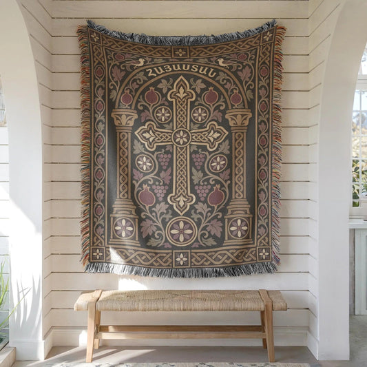 Hayastan khachkar tapestry with doves and columns hung on white shiplap above a wooden bench