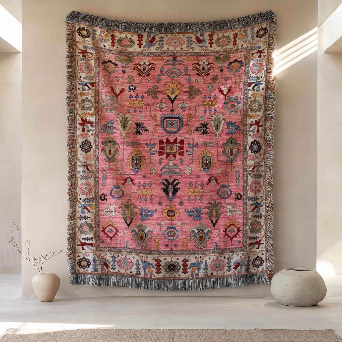 turkish rug inspired pink woven tapestry or throw blanket