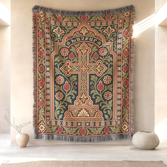 Woven wall tapestry with a khachkar cross inside a pointed arch and the Armenian word ԽԱՉՔԱՐ along the arch band, in terracotta, navy and olive green