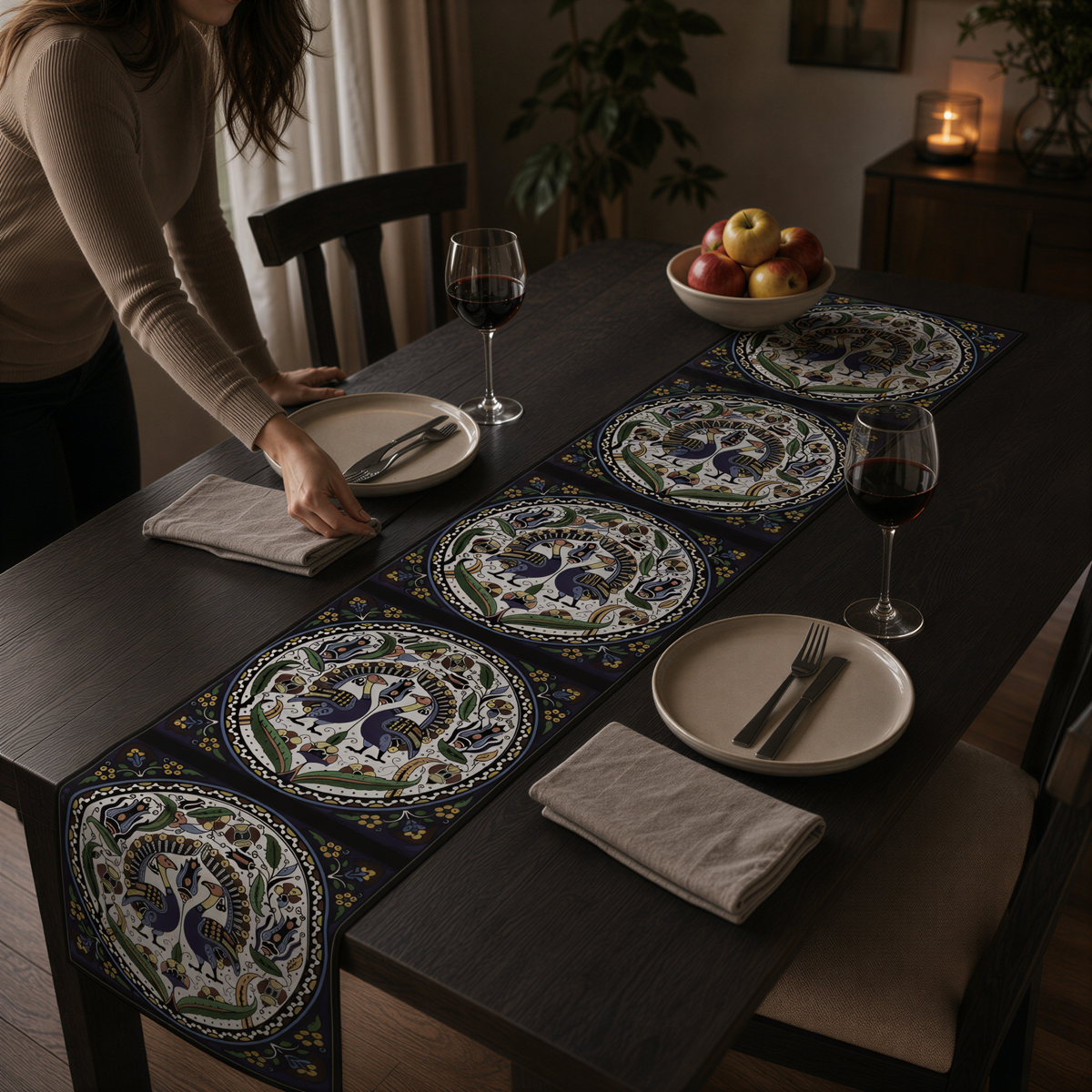 Armenian peacock table runner in dark navy being laid on a dining table