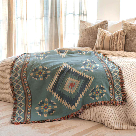 Boho Cotton Blanket - Navajo Pattern Throw With Colorful Fringed Edges - timelessbohochic.com