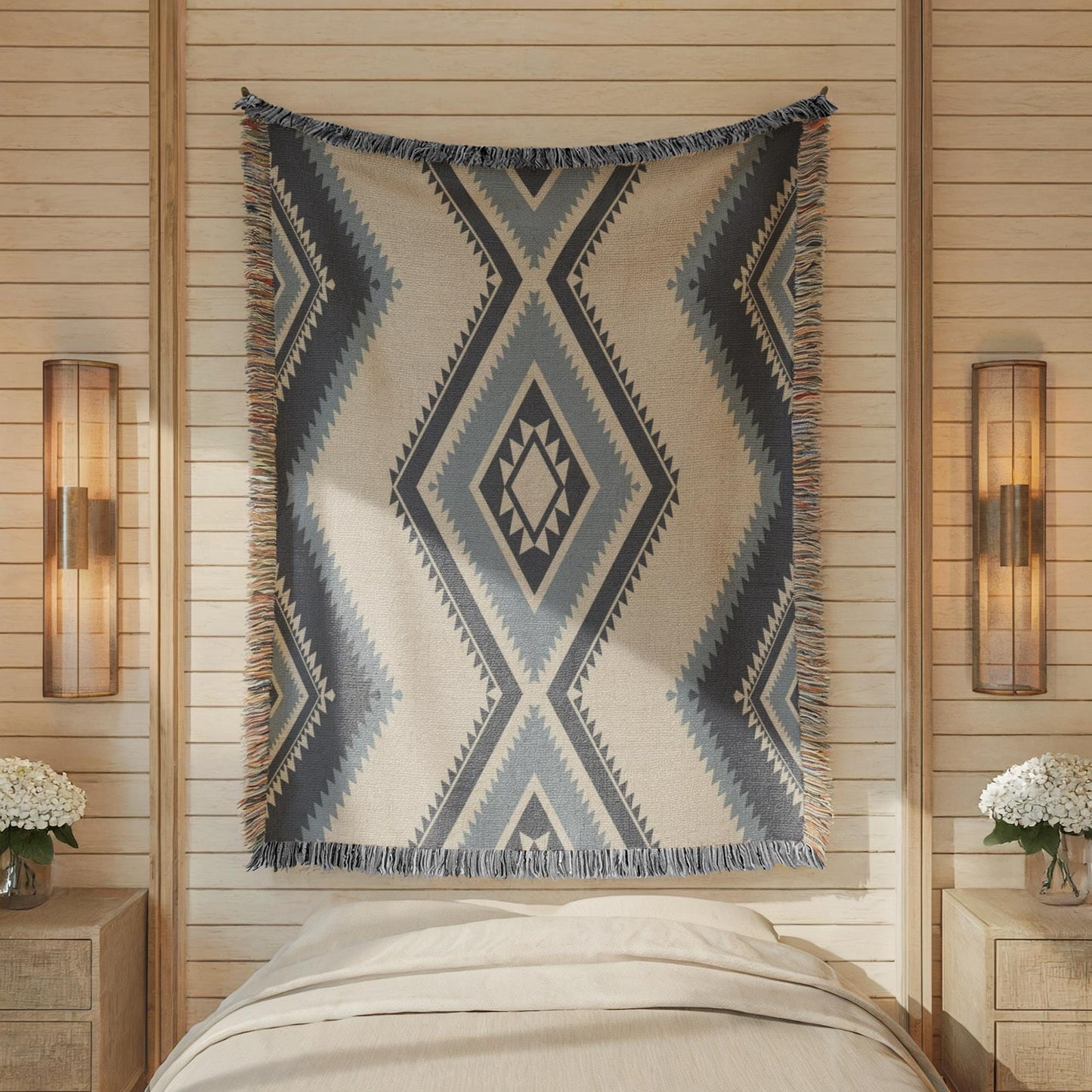 Southwestern woven blanket with geometric pattern styled for layered home decor