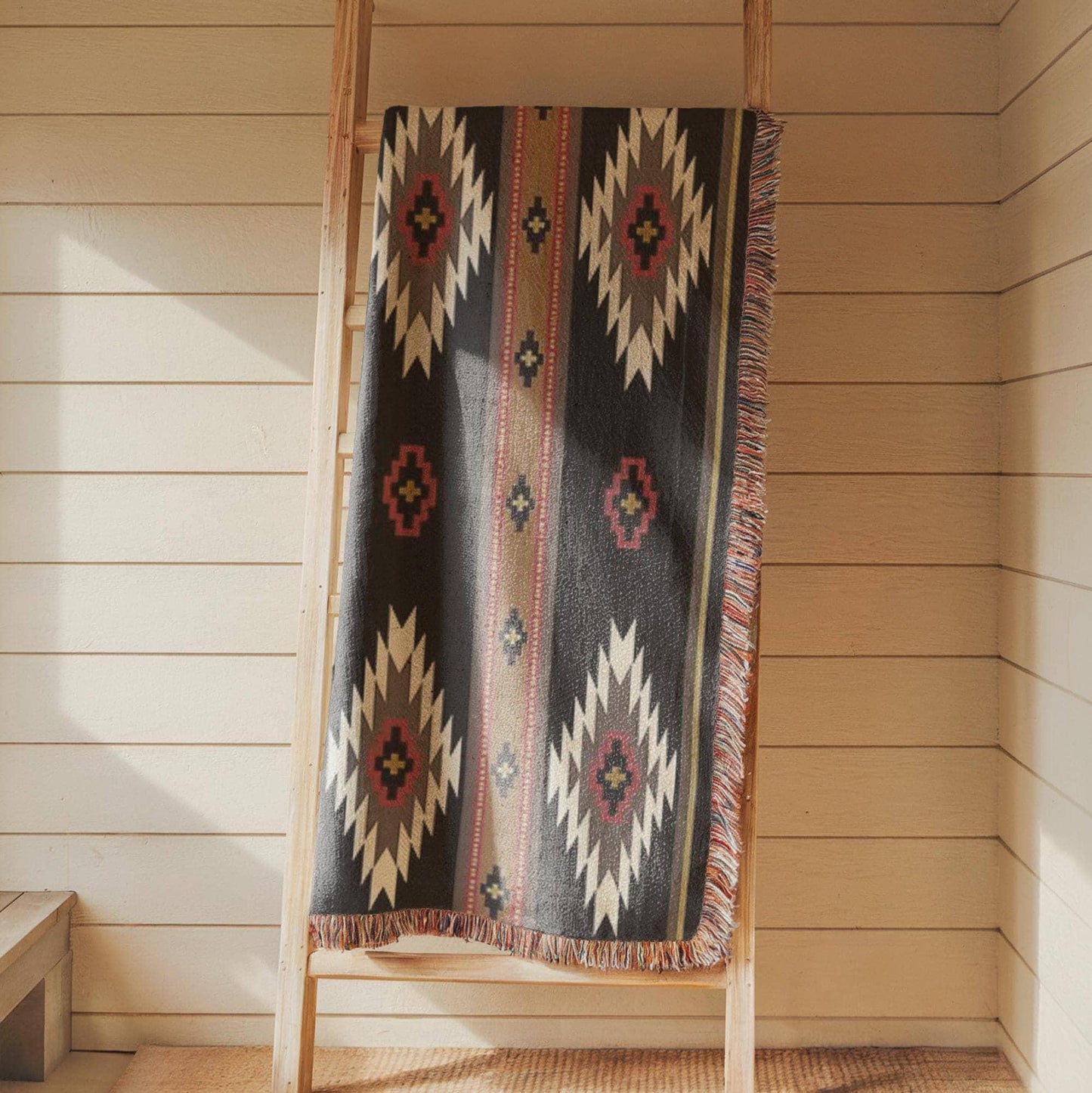 Southwestern woven wall tapestry with geometric pattern styled as textile wall decor