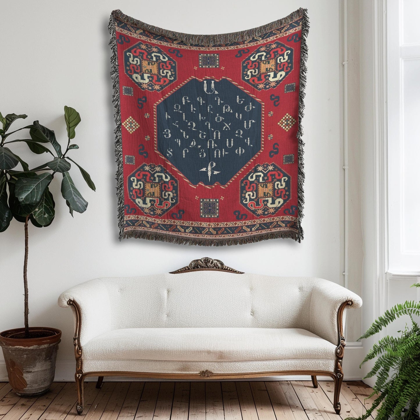 Modern Geometric woven blanket with geometric pattern styled for layered home decor