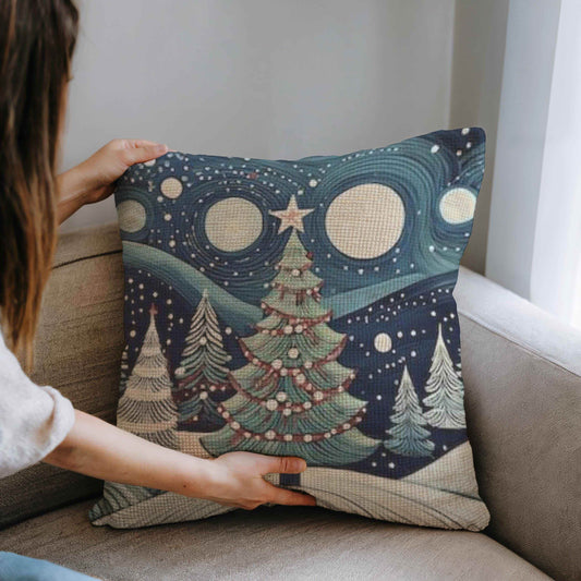Christmas Throw Pillow - Handwoven Folk Art Cushion with Forest Landscape Design - timelessbohochic.com