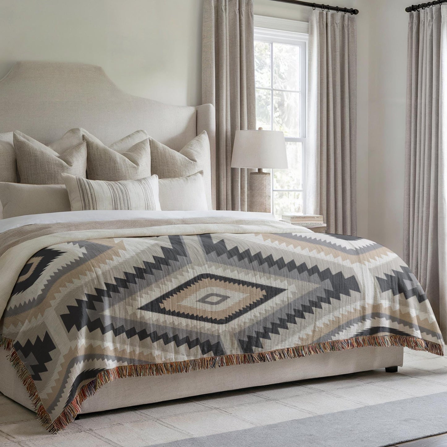 Southwestern woven blanket with geometric pattern styled for layered home decor