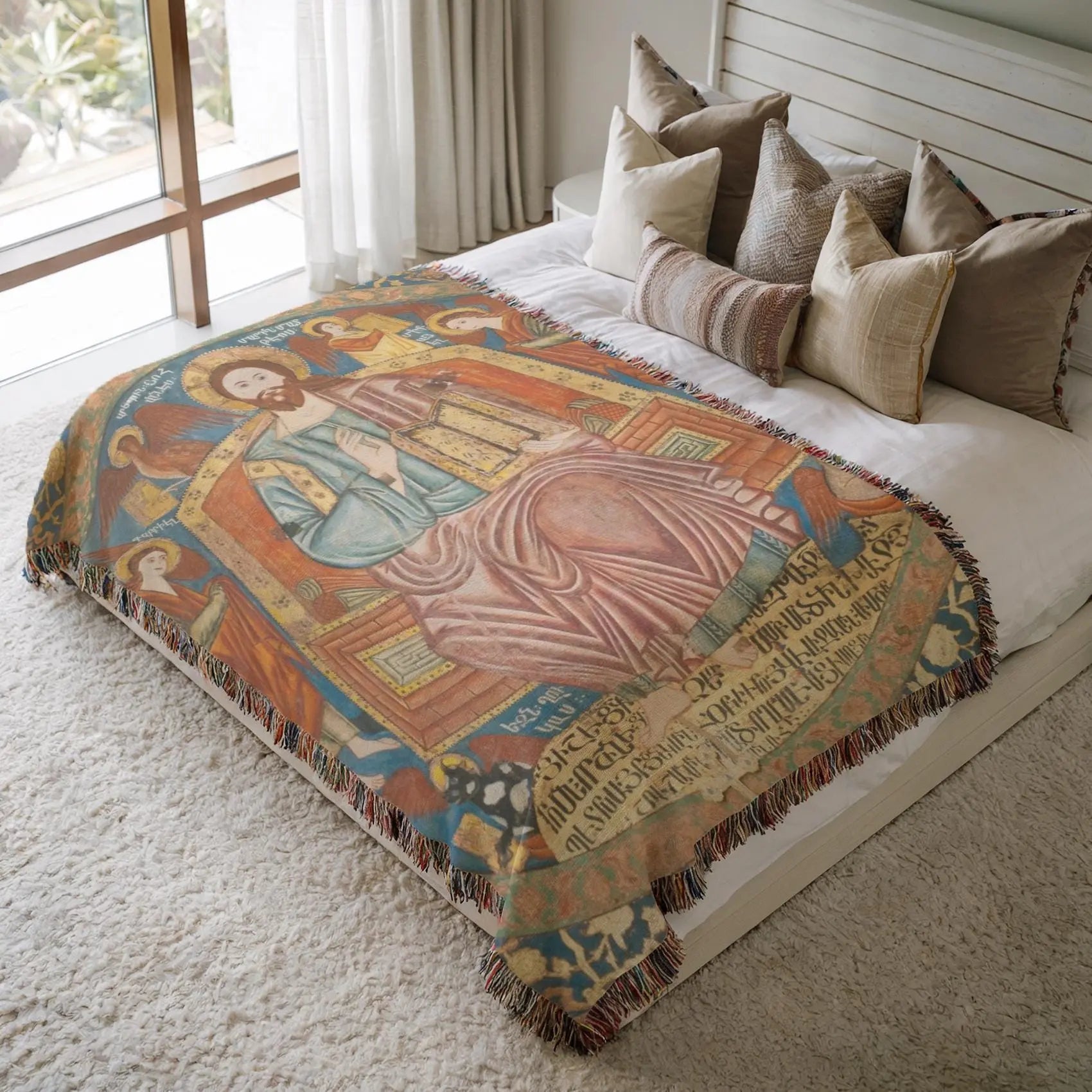 Armenian Cotton Blanket – Woven Miniature Design, Cultural Sofa Throw with Colorful Fringed Edges