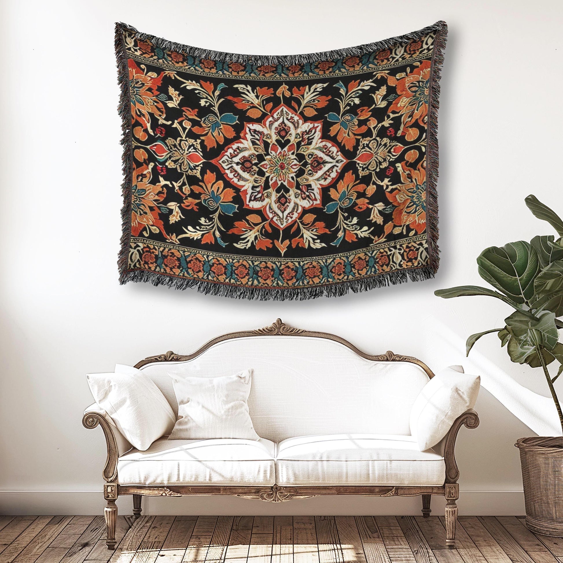 Persian Woven Tapestry - Orange Black Pattern Tapestry | Cozy Wall Hanging Decor