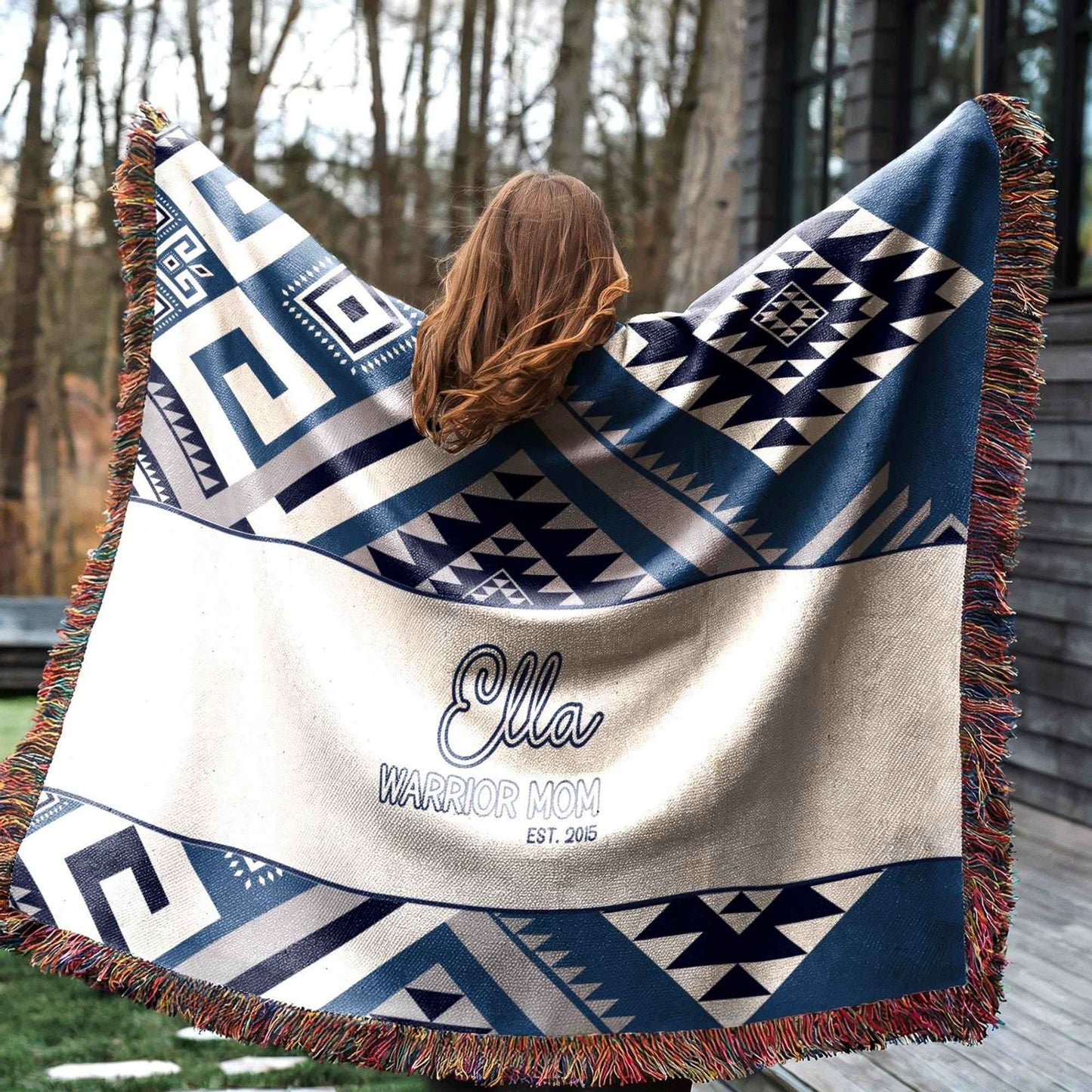 Southwestern outdoor woven throw blanket with geometric pattern for patio styling