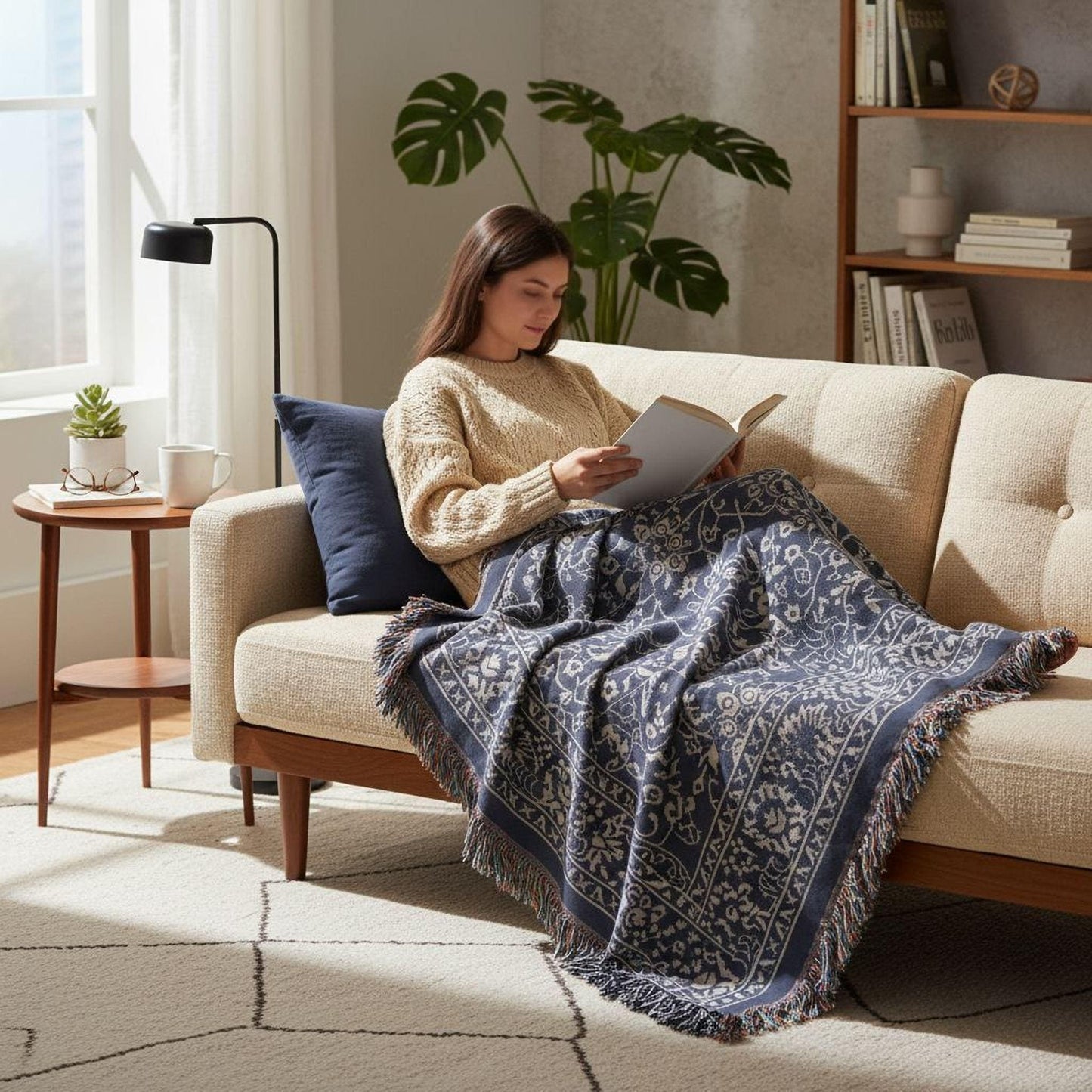 Anatolian Inspired woven wall tapestry with rug-style pattern styled as textile wall decor