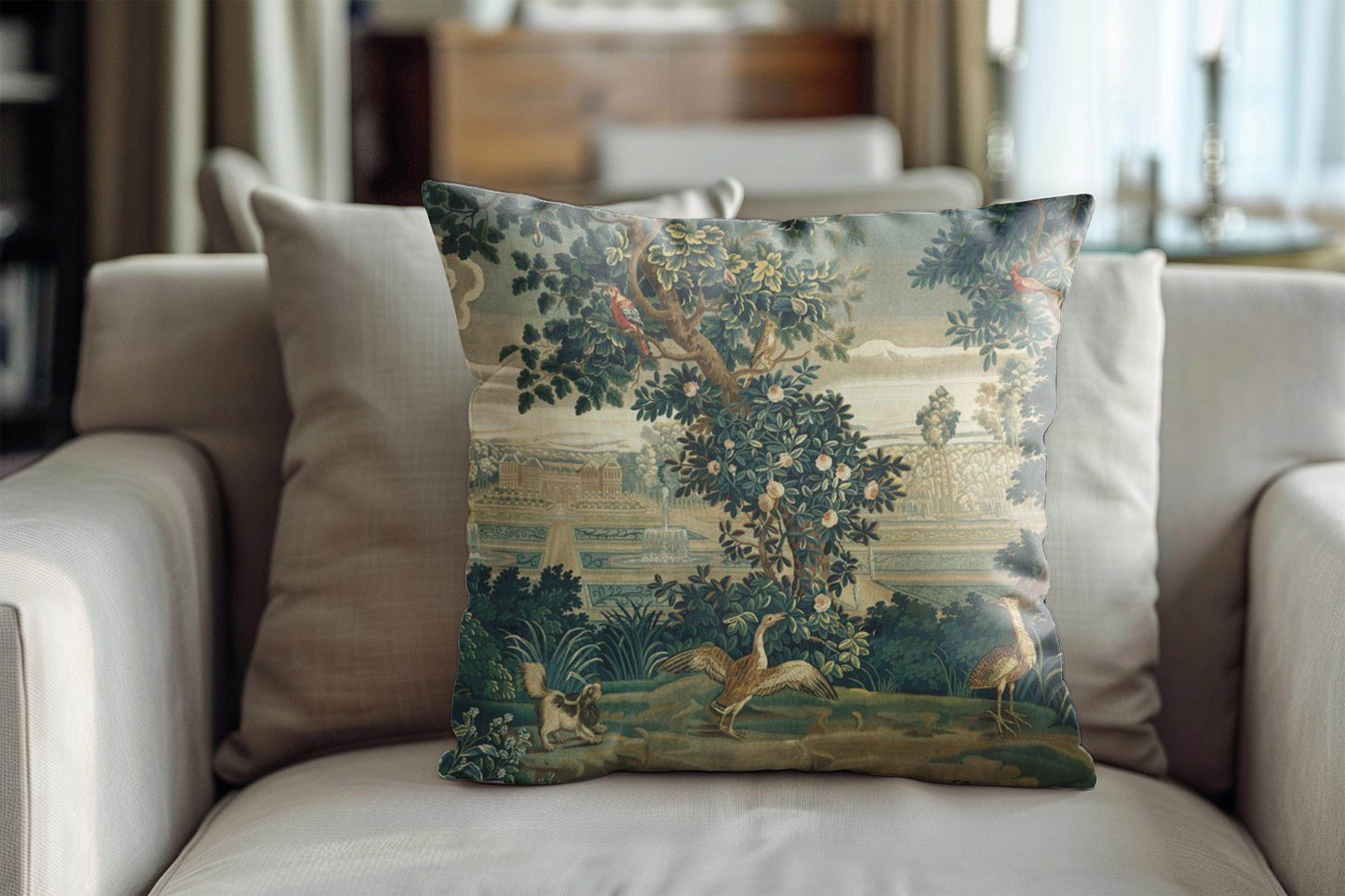 French Tapestry Pillow – Aubusson Style Decorative Cushion with Soft Fabric Insert - timelessbohochic.com