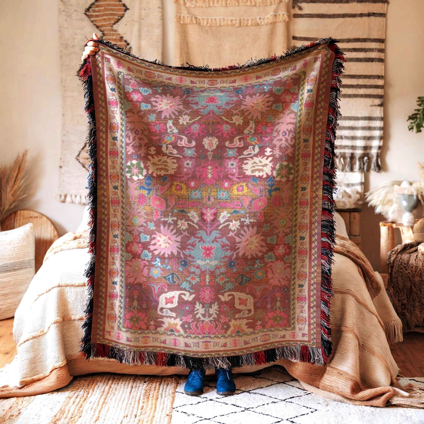 Caucasian Rug Inspired woven blanket with geometric pattern styled for layered home decor