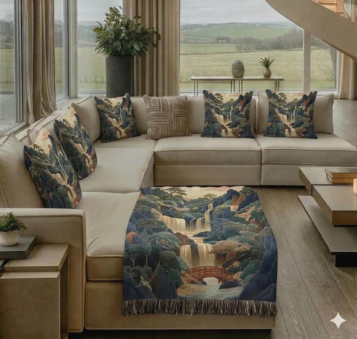Boho woven blanket with woven pattern styled for layered home decor