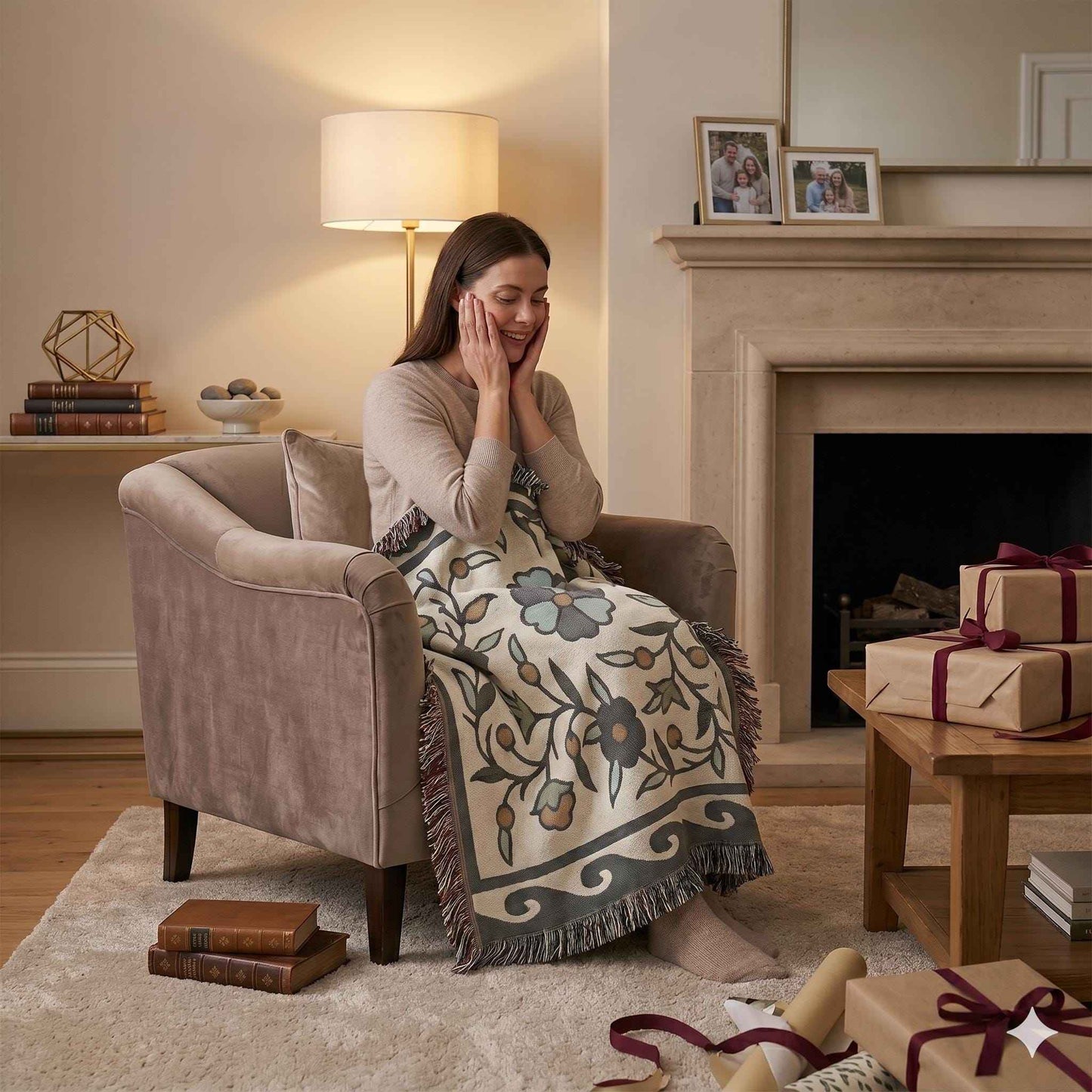 Anatolian Inspired woven blanket with woven pattern styled for layered home decor