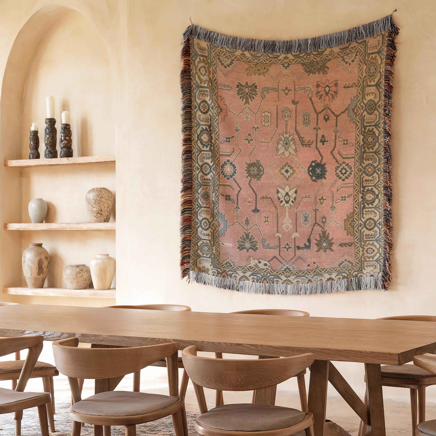 Southwestern woven wall tapestry with geometric pattern styled as textile wall decor