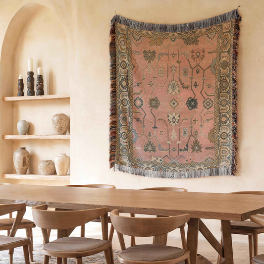 Southwestern woven wall tapestry with geometric pattern styled as textile wall decor