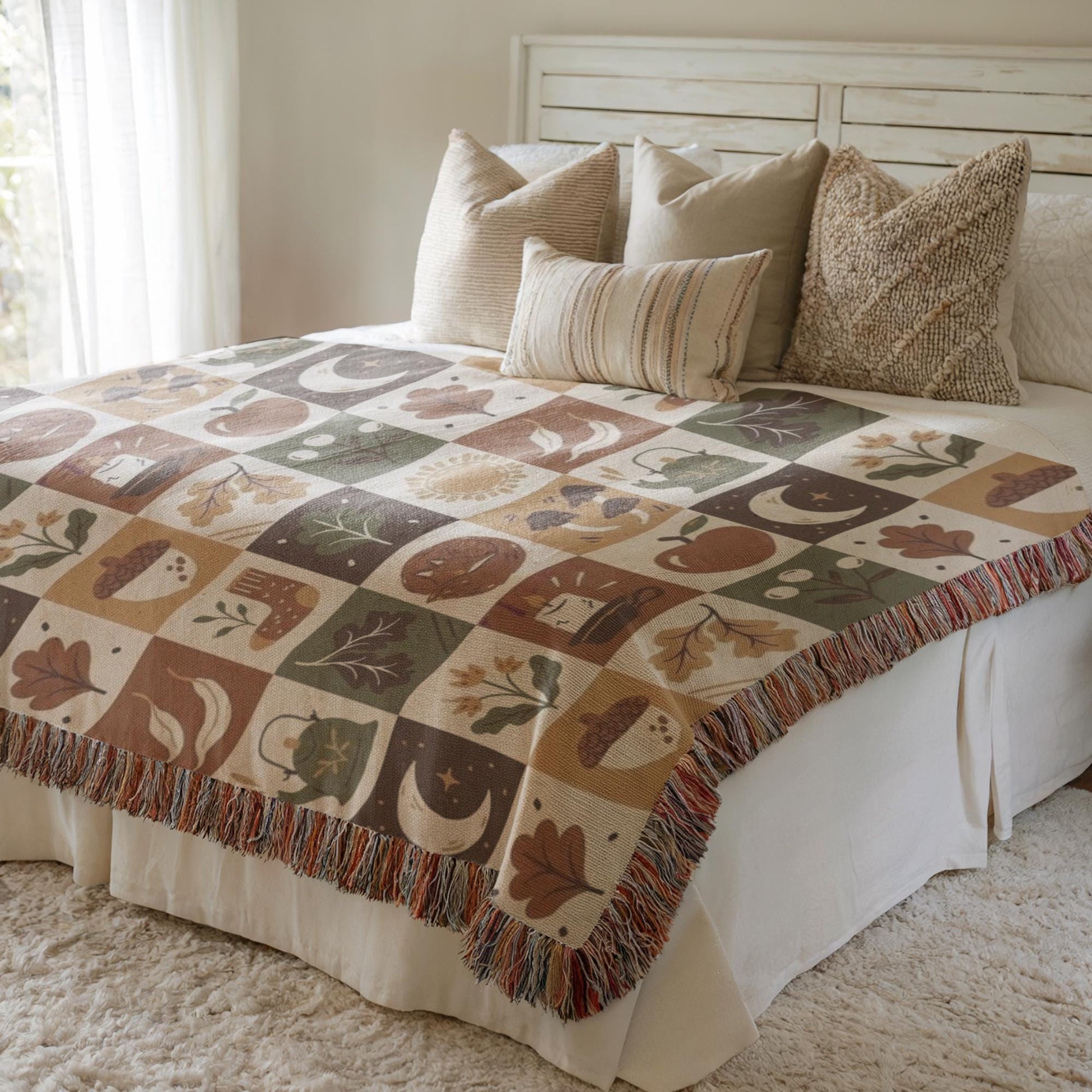 Fall Woven Blanket - Cozy Patchwork Throw with Colorful Fringed Edges, Autumn Bedding Quilt