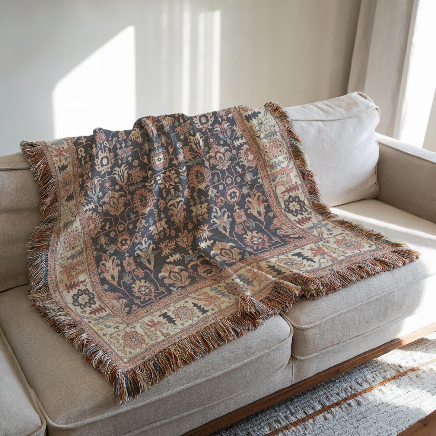 Anatolian Inspired woven blanket with geometric pattern styled for layered home decor