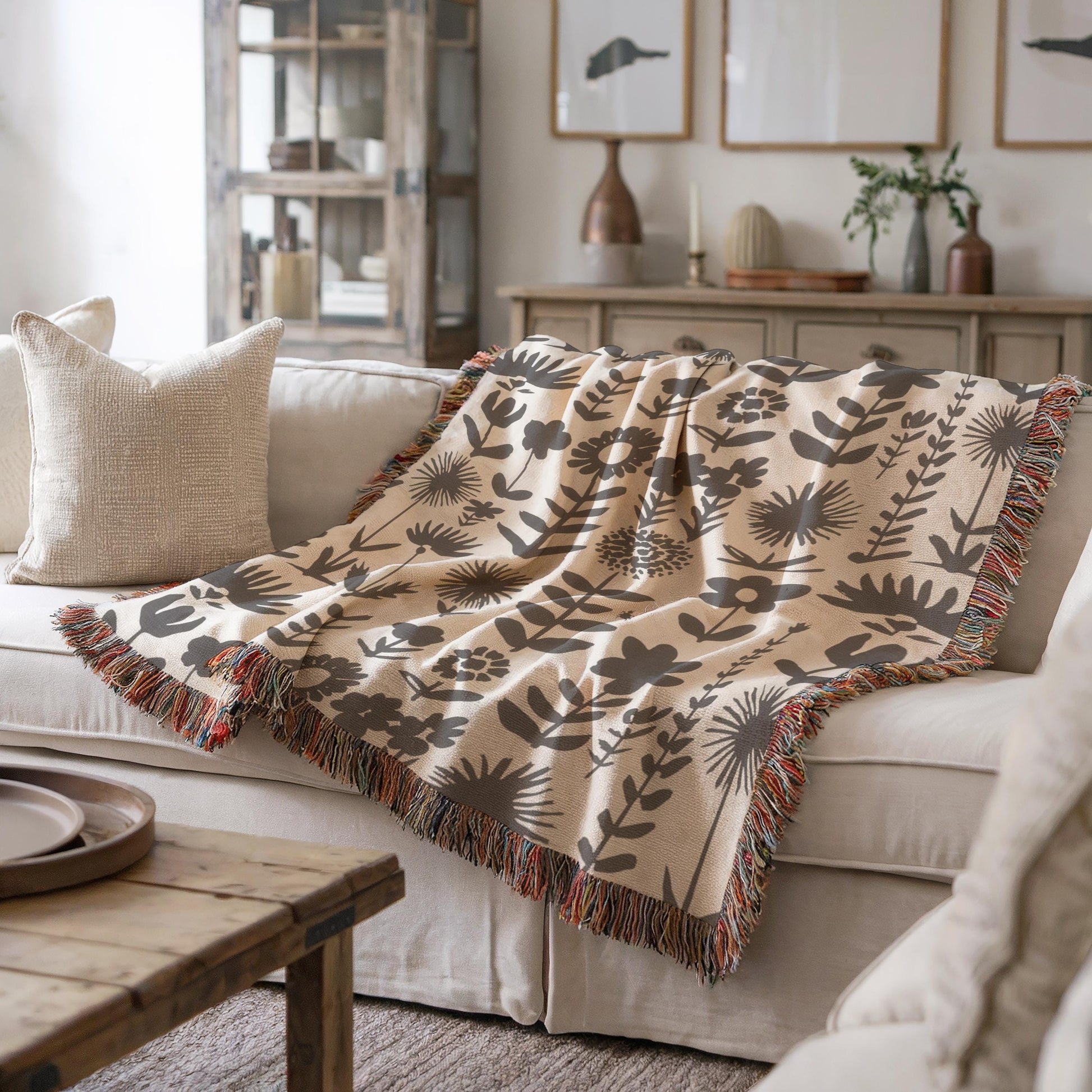Wildflowers Meadows Blanket - Handmade Woven Throw With Botanical Print, Cozy Cotton