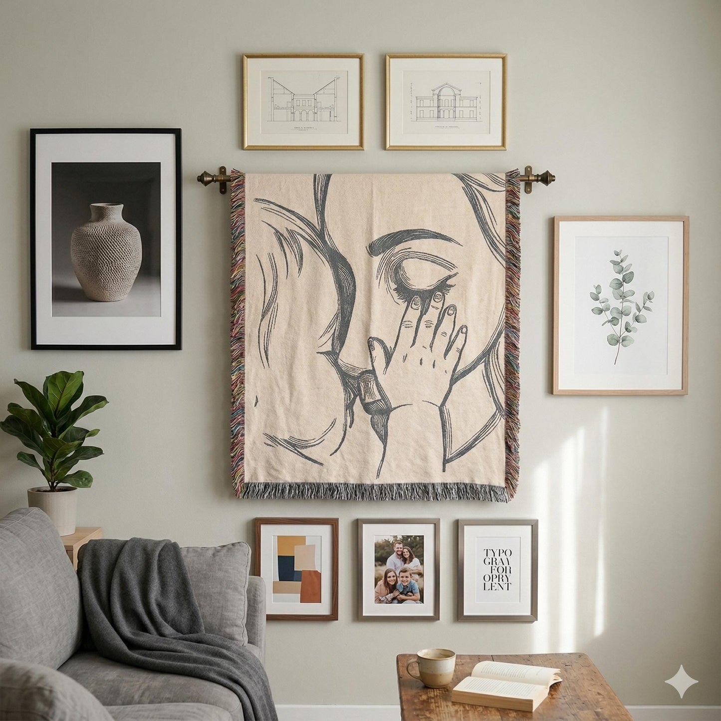 Modern Geometric woven wall tapestry with geometric pattern styled as textile wall decor