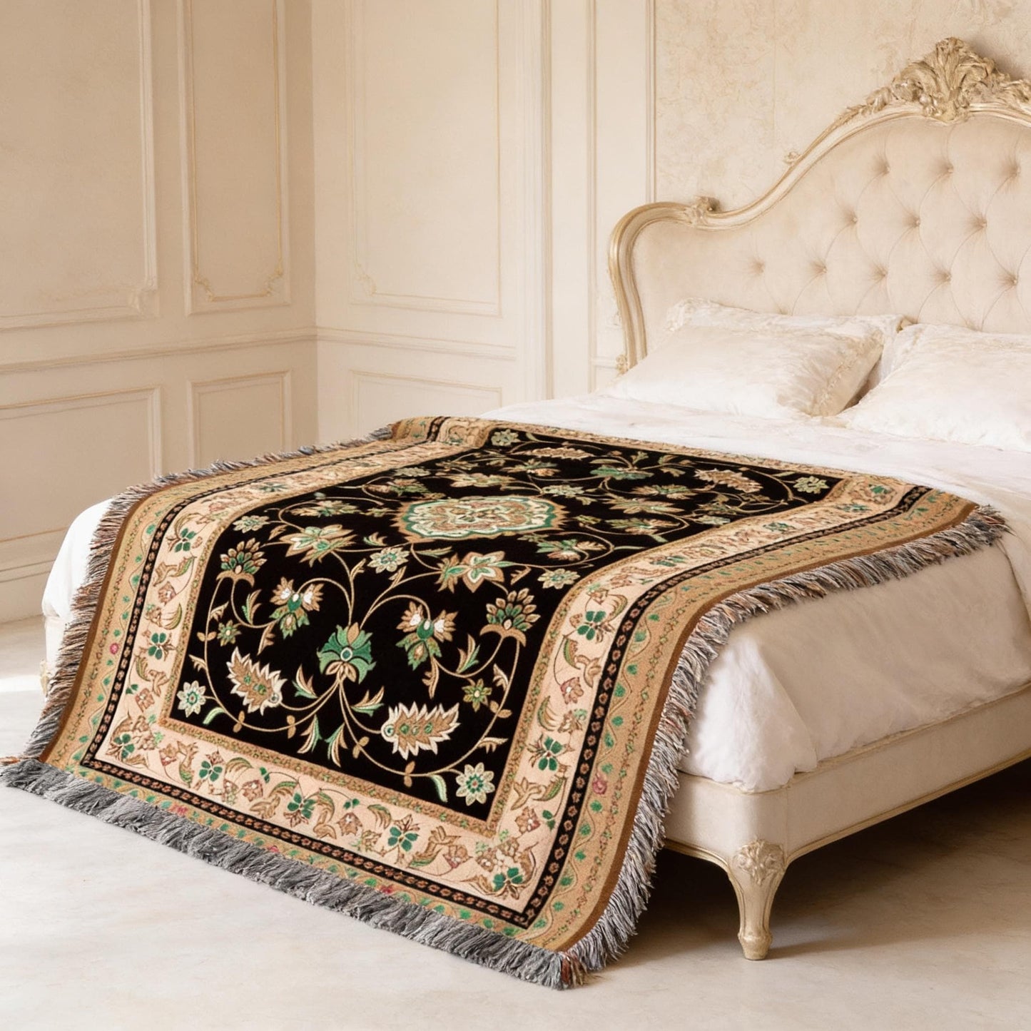 Caucasian Rug Inspired woven wall tapestry with geometric pattern styled as textile wall decor