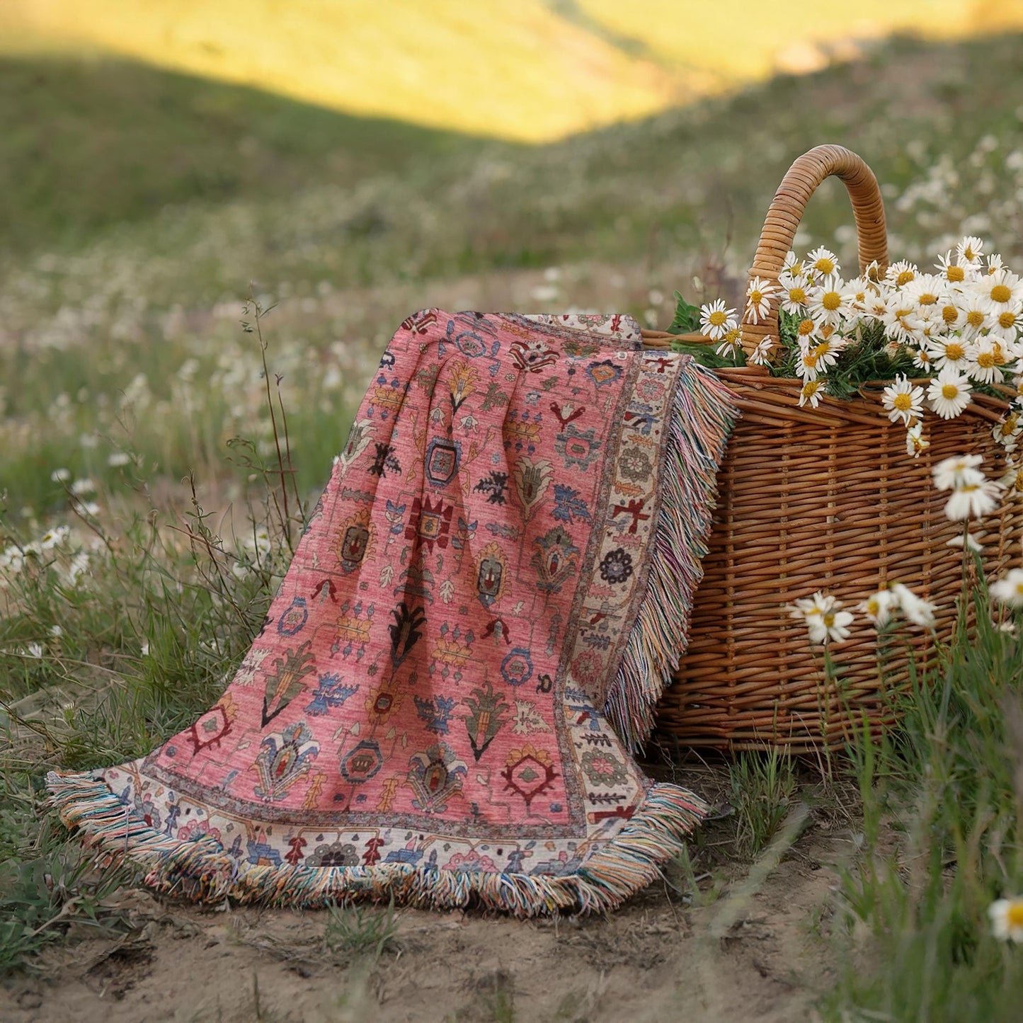 Anatolian Inspired outdoor woven throw blanket with rug-style pattern for patio styling