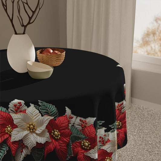 Holiday Tablecloth – Classic Christmas Linen with Poinsettia Pattern, Durable Polyester Fabric