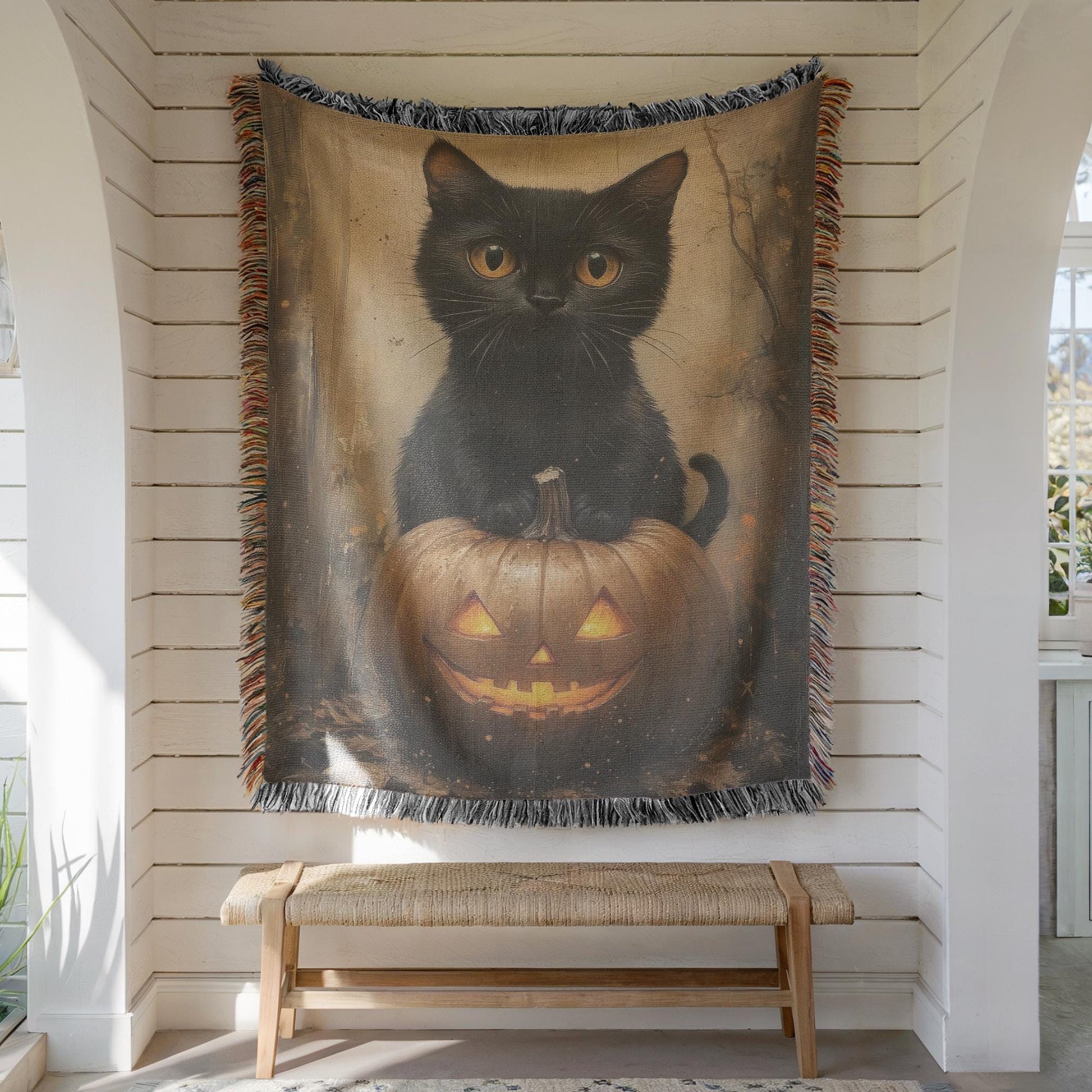 Halloween Woven Tapestry - Cozy Cotton Throw With Cat Pumpkin Design & Fringed Edges