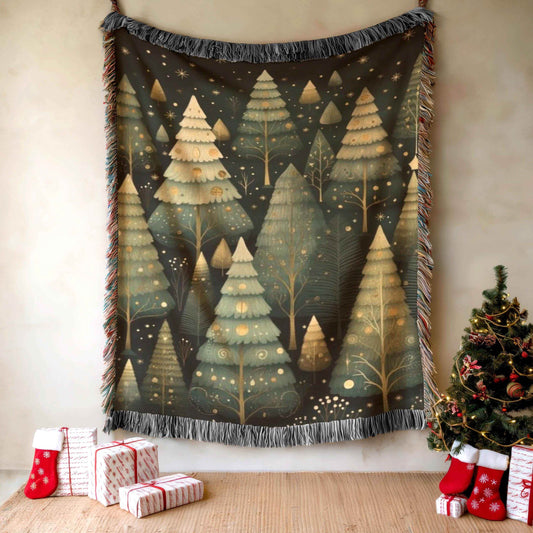 Forestcore Christmas Blanket - Festive Office Decor | Woven Cotton Throw with Fringed Edges - timelessbohochic.com