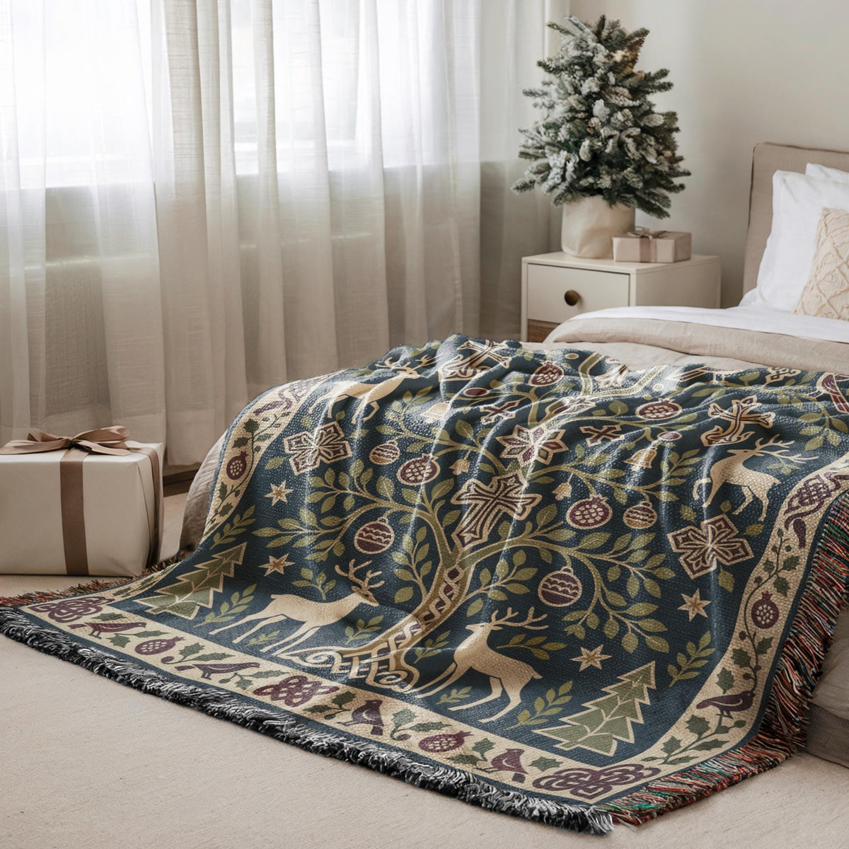 a cozy bedroom scene with a large, intricately patterned blanket featuring a tree design, a deer, and other festive elements. The blanket is draped over a bed, and a small Christmas tree is placed on a nightstand next to the bed. A gift box is also visible in the room, adding to the holiday atmosphere.