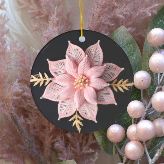 Poinsettia Christmas Ornament – Personalized Pink and Gold Ceramic Decoration