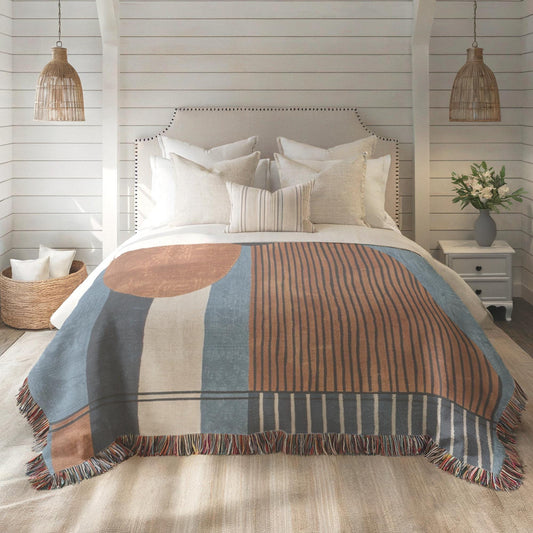 Woven Cotton Blanket - Modern MCM Blue Rust Brown Throw with Colorful Fringed Edges